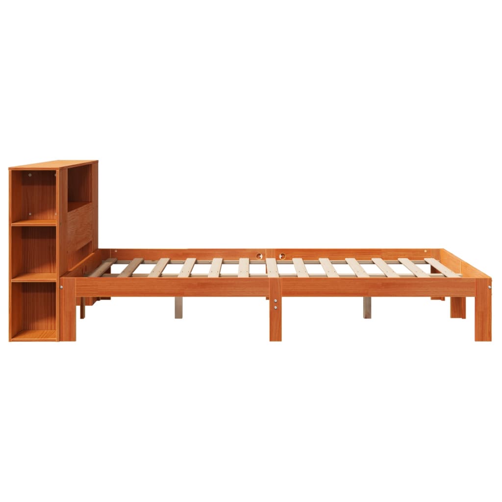 barna tömör fenyőfa könyvespolcos ágy matrac nélkül 140 x 200cm