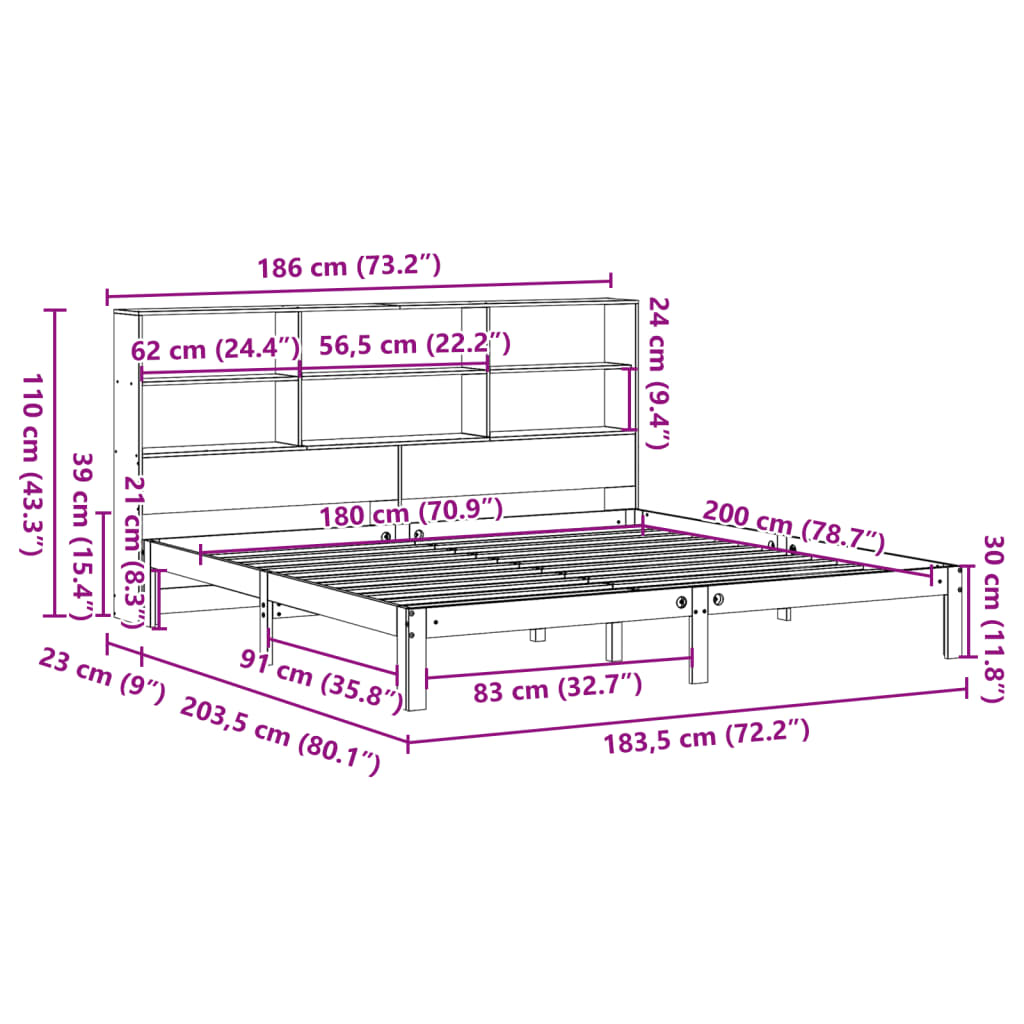 fehér tömör fenyőfa könyvespolcos ágy matrac nélkül 180x200 cm