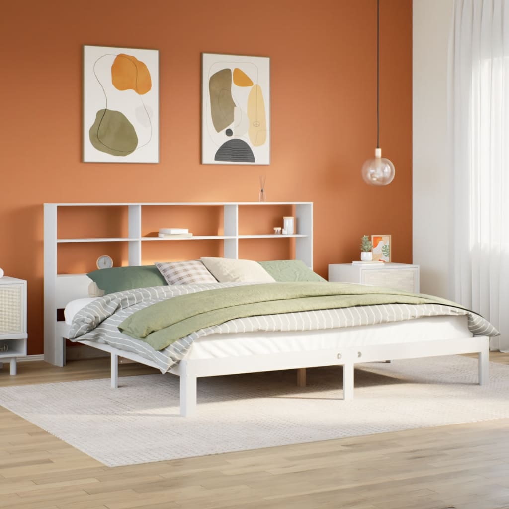 fehér tömör fenyőfa könyvespolcos ágy matrac nélkül 180x200 cm