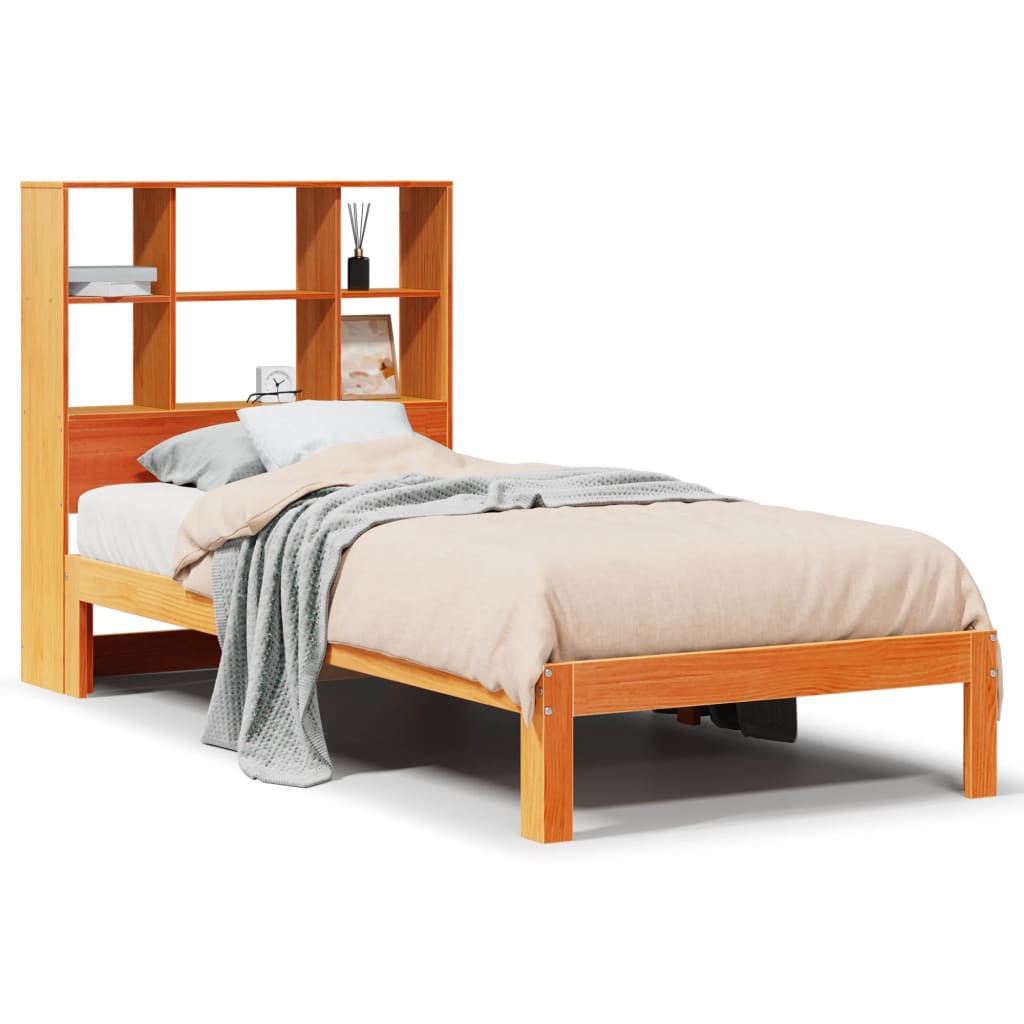 barna tömör fenyőfa könyvespolcos ágy matrac nélkül 75 x 190 cm