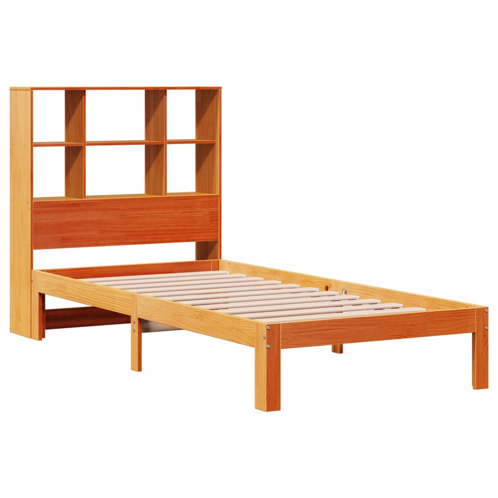 barna tömör fenyőfa könyvespolcos ágy matrac nélkül 75 x 190 cm
