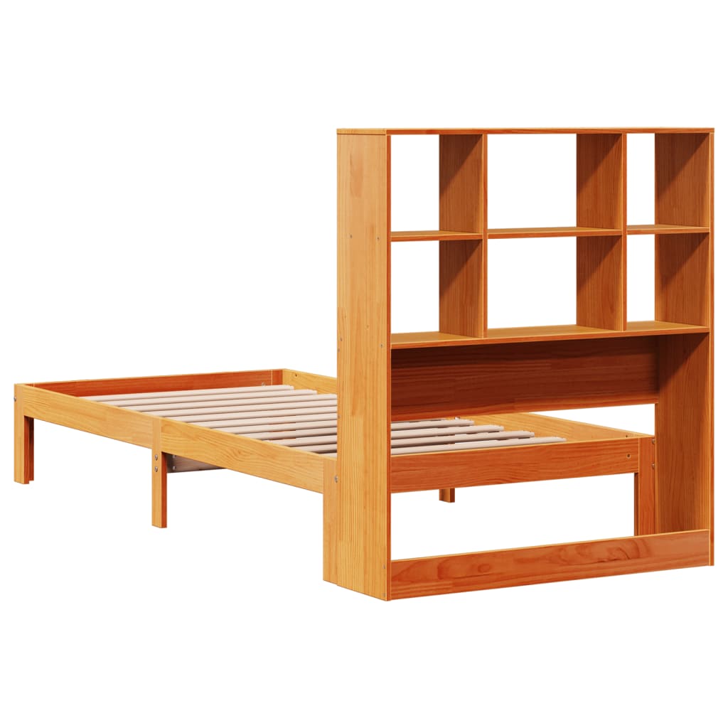 barna tömör fenyőfa könyvespolcos ágy matrac nélkül 75 x 190 cm