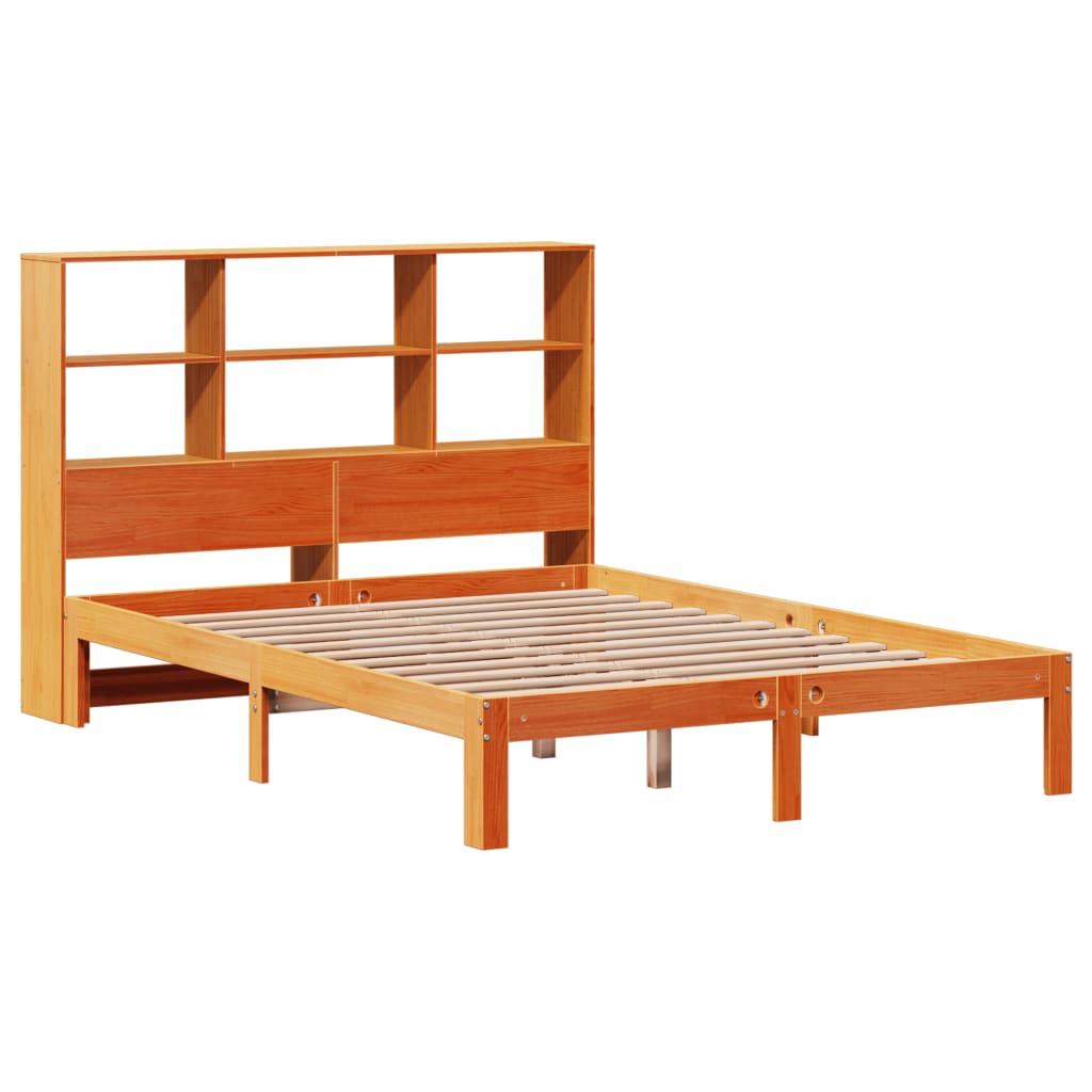 barna tömör fenyőfa könyvespolcos ágy matrac nélkül 120 x 190cm
