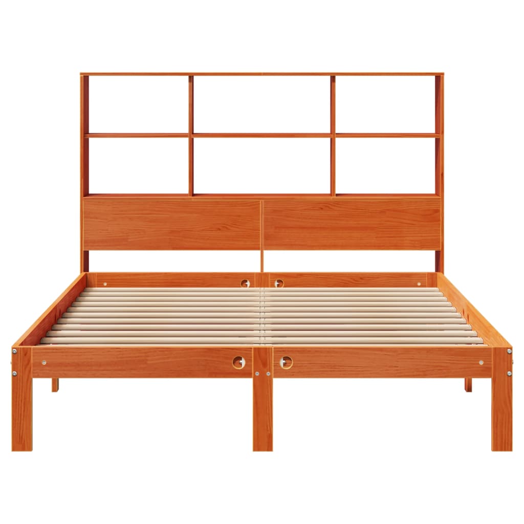 barna tömör fenyőfa könyvespolcos ágy matrac nélkül 120 x 190cm