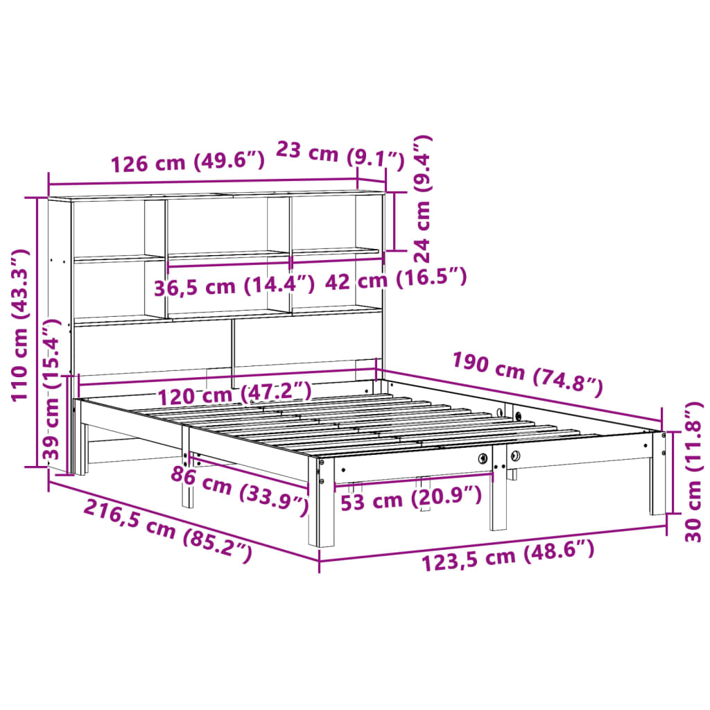 barna tömör fenyőfa könyvespolcos ágy matrac nélkül 120 x 190cm