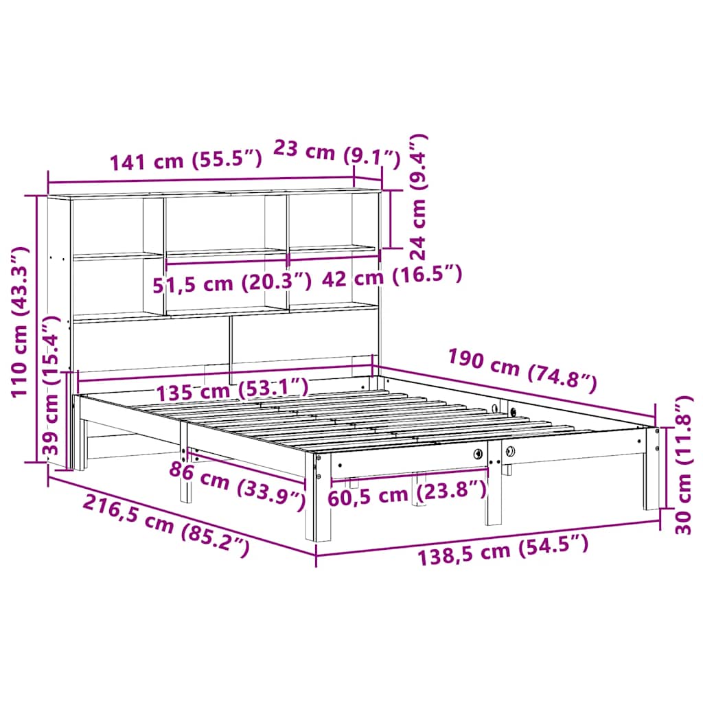 barna tömör fenyőfa könyvespolcos ágy matrac nélkül 135 x 190cm