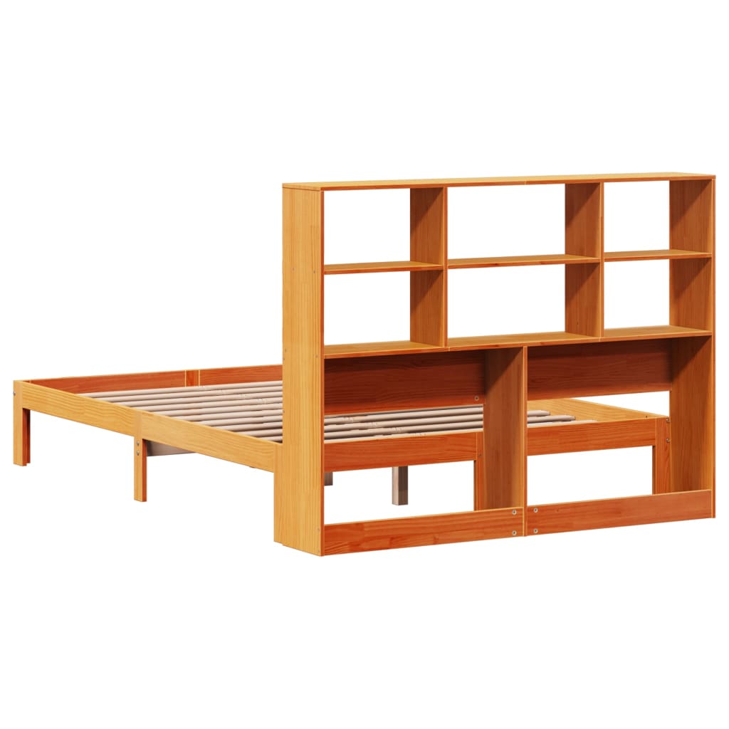 barna tömör fenyőfa könyvespolcos ágy matrac nélkül 140 x 190cm