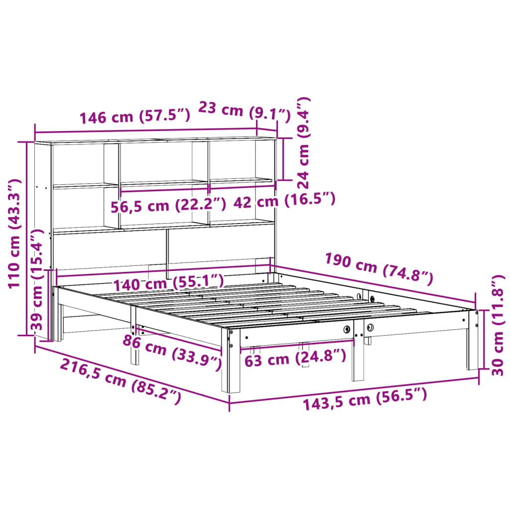 barna tömör fenyőfa könyvespolcos ágy matrac nélkül 140 x 190cm