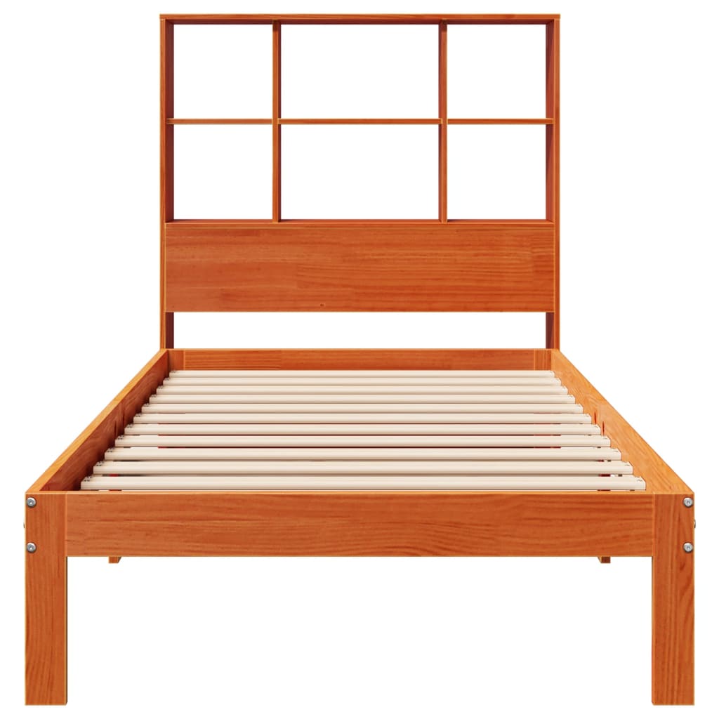 barna tömör fenyőfa könyvespolcos ágy matrac nélkül 100 x 200cm