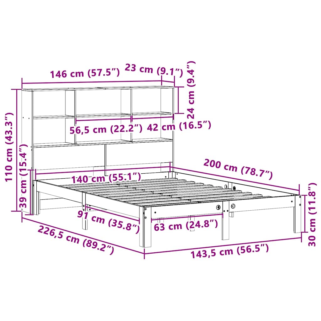 barna tömör fenyőfa könyvespolcos ágy matrac nélkül 140 x 200cm
