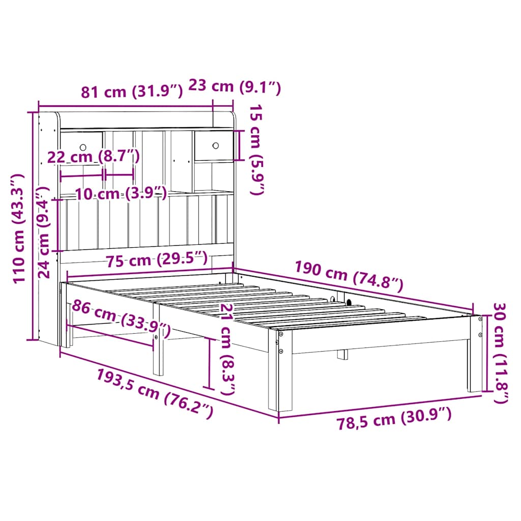fehér tömör fenyőfa könyvespolcos ágy matrac nélkül 75 x 190 cm