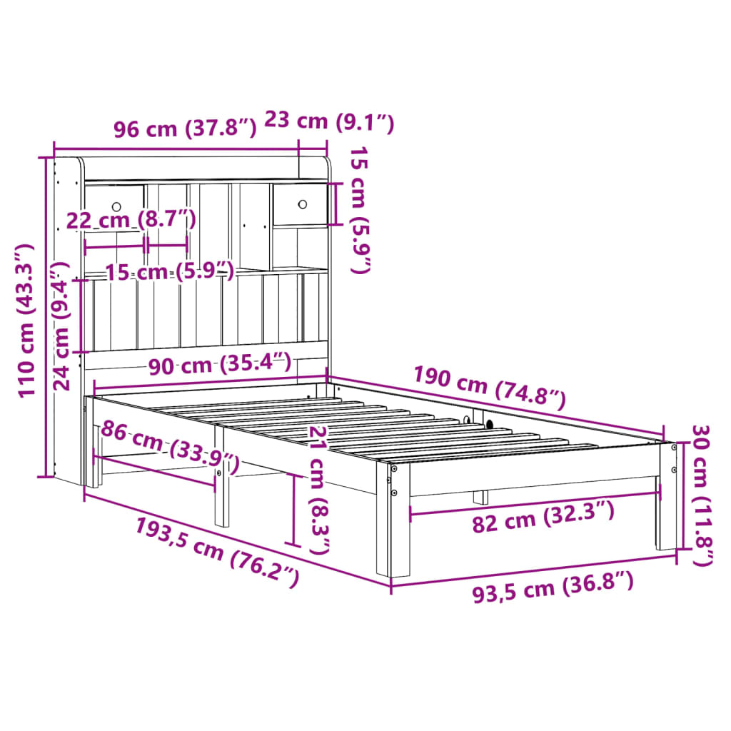 tömör fenyőfa könyvespolcos ágy matrac nélkül 90 x 190 cm