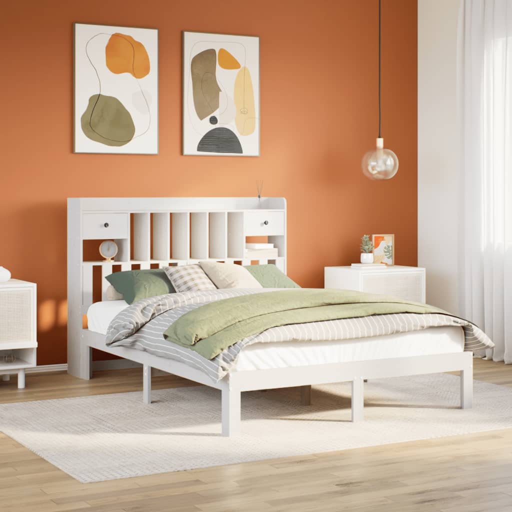 fehér tömör fenyőfa könyvespolcos ágy matrac nélkül 135x190 cm