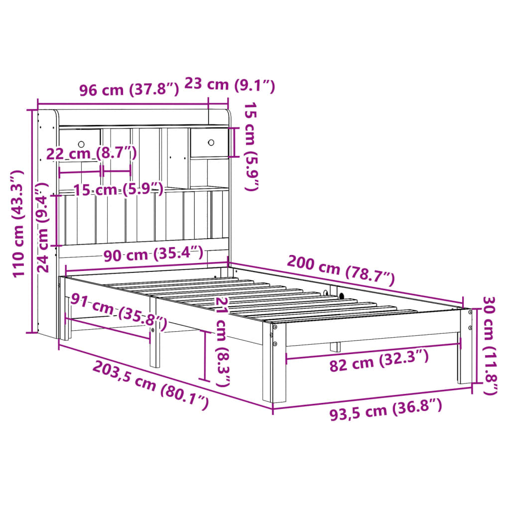tömör fenyőfa könyvespolcos ágy matrac nélkül 90 x 200 cm