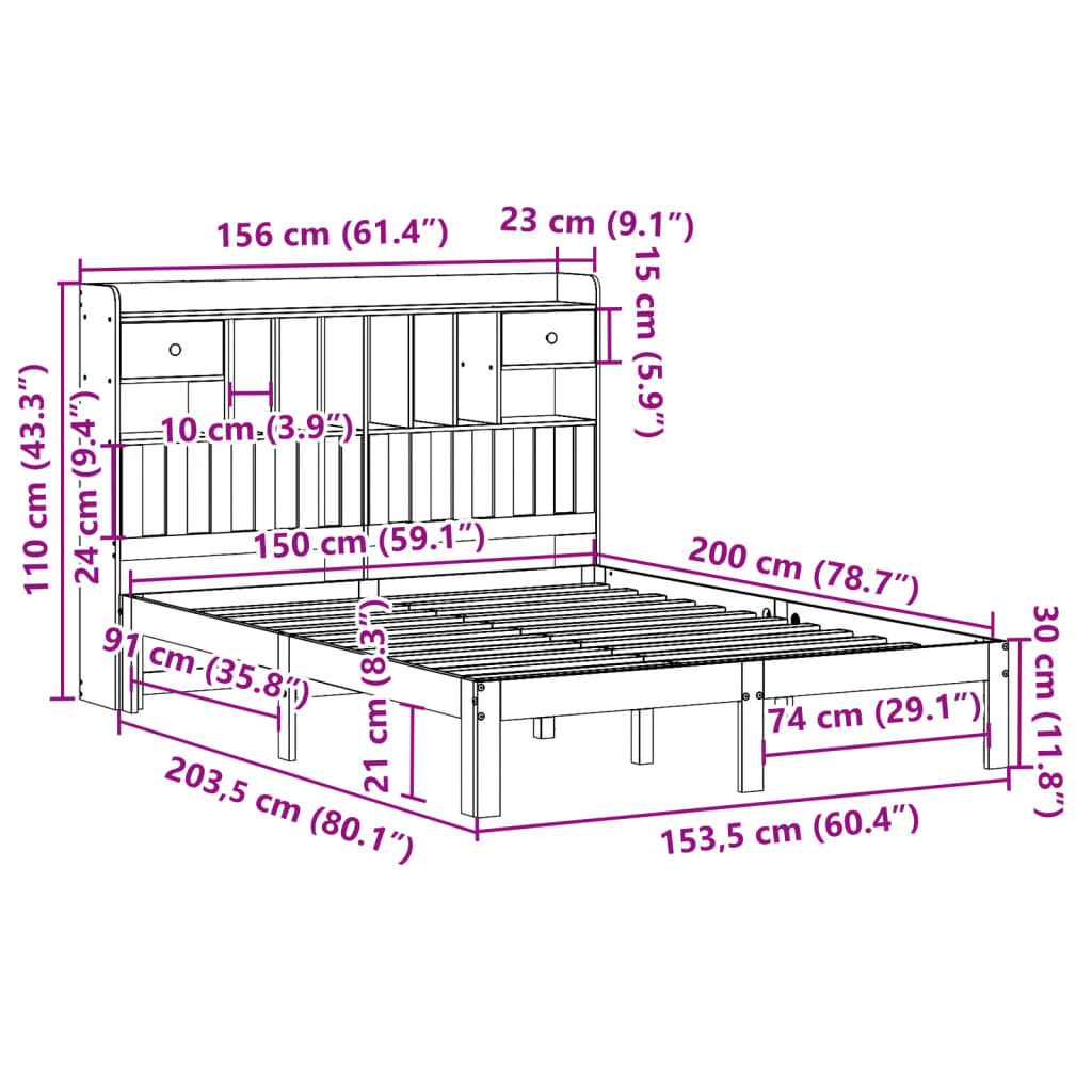 fehér tömör fenyőfa könyvespolcos ágy matrac nélkül 150x200 cm