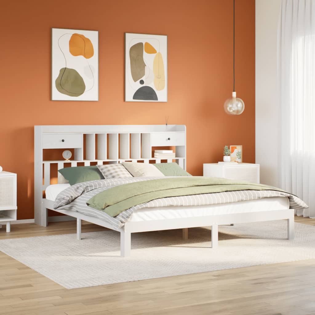 fehér tömör fenyőfa könyvespolcos ágy matrac nélkül 180x200 cm