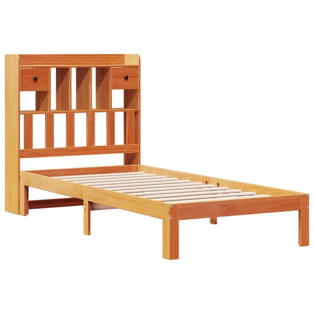 barna tömör fenyőfa könyvespolcos ágy matrac nélkül 75 x 190 cm