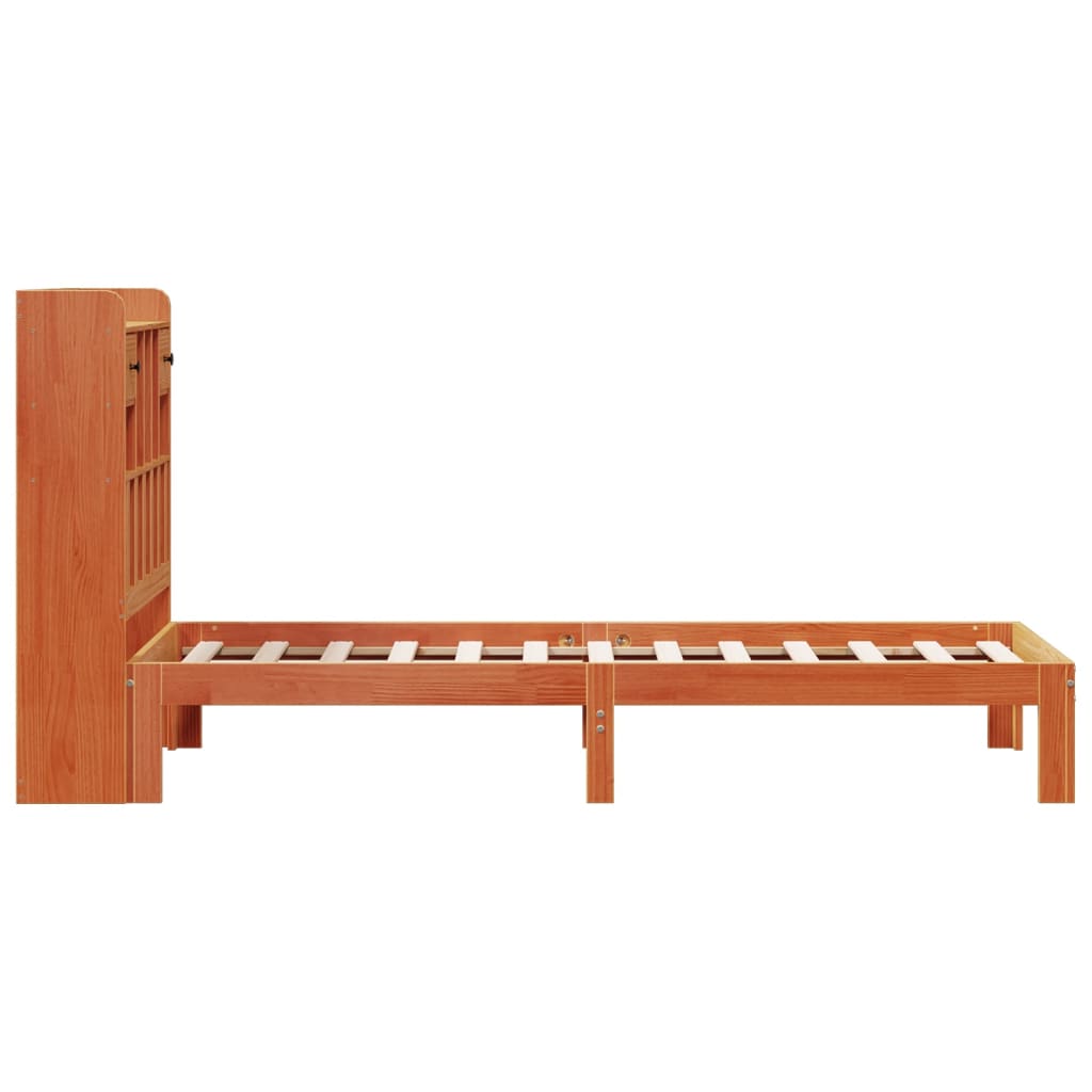 barna tömör fenyőfa könyvespolcos ágy matrac nélkül 75 x 190 cm