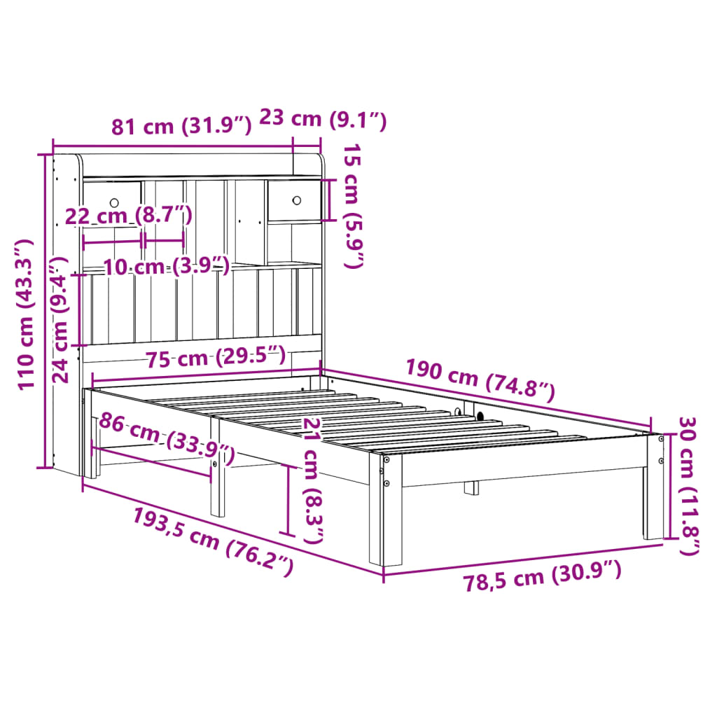 barna tömör fenyőfa könyvespolcos ágy matrac nélkül 75 x 190 cm