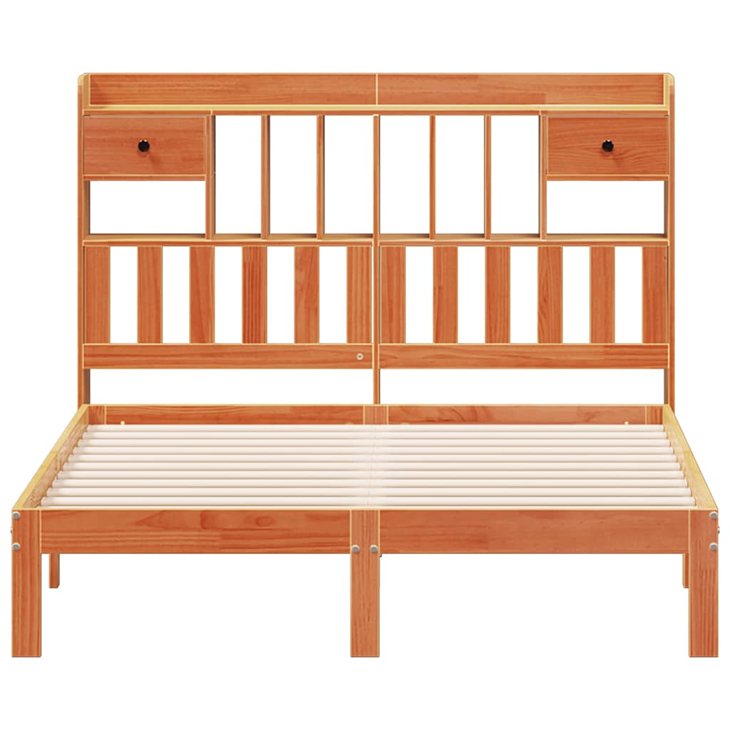 barna tömör fenyőfa könyvespolcos ágy matrac nélkül 135 x 190cm