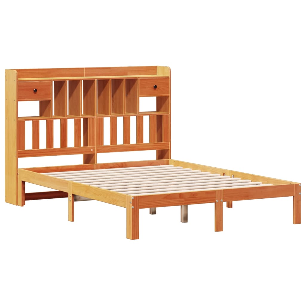 barna tömör fenyőfa könyvespolcos ágy matrac nélkül 140 x 190cm