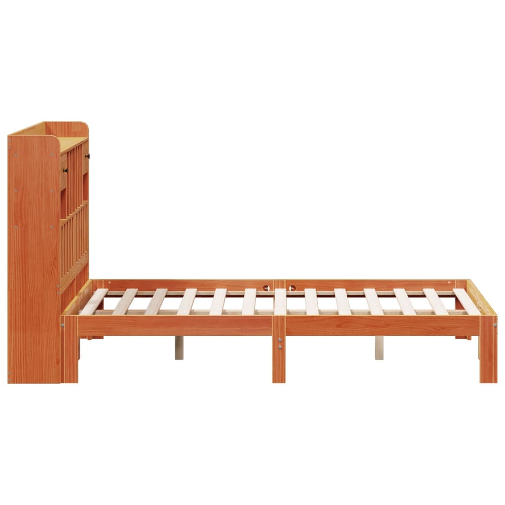 barna tömör fenyőfa könyvespolcos ágy matrac nélkül 140 x 190cm