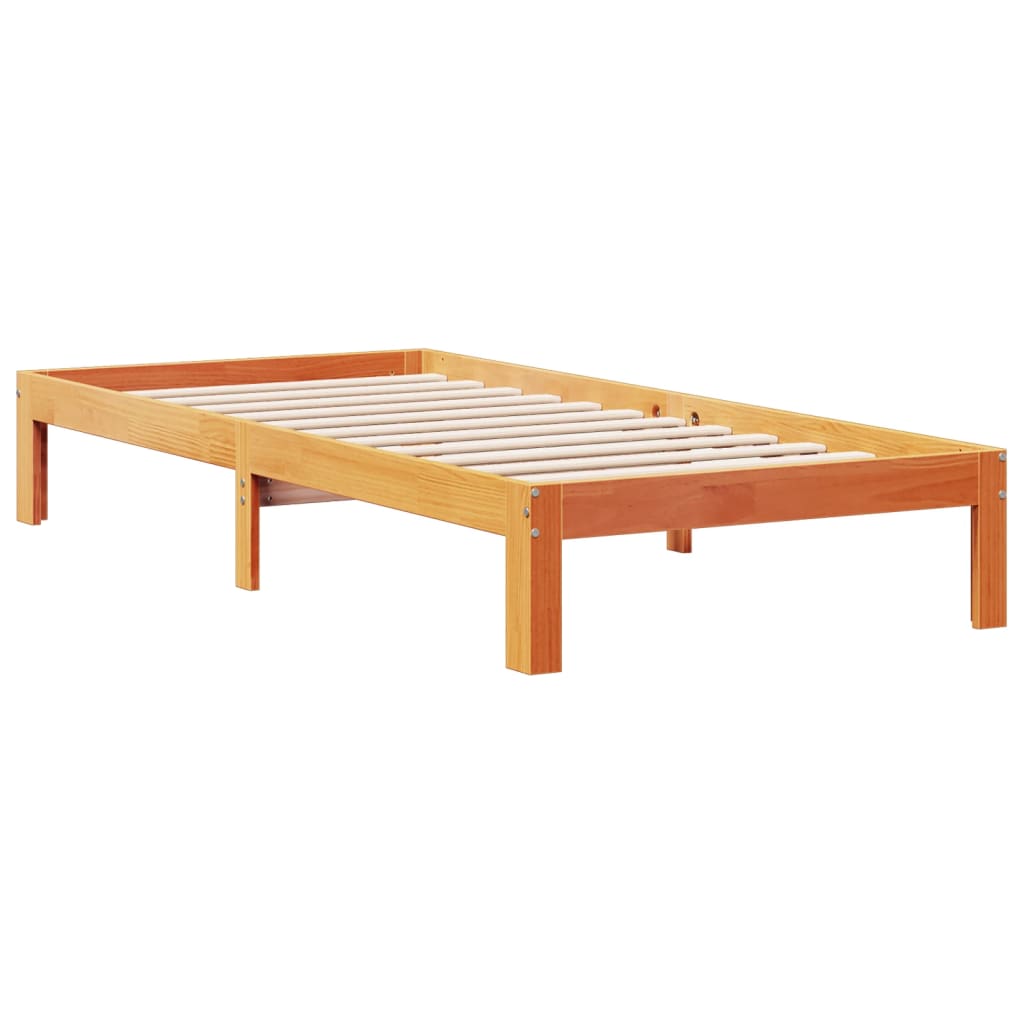 barna tömör fenyőfa könyvespolcos ágy matrac nélkül 100 x 200cm