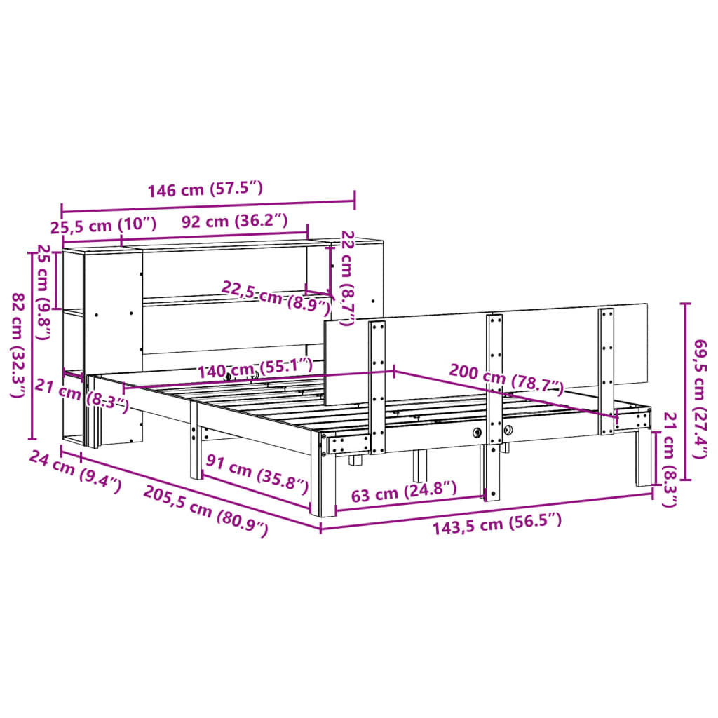 fehér tömör fenyőfa könyvespolcos ágy matrac nélkül 140x200 cm