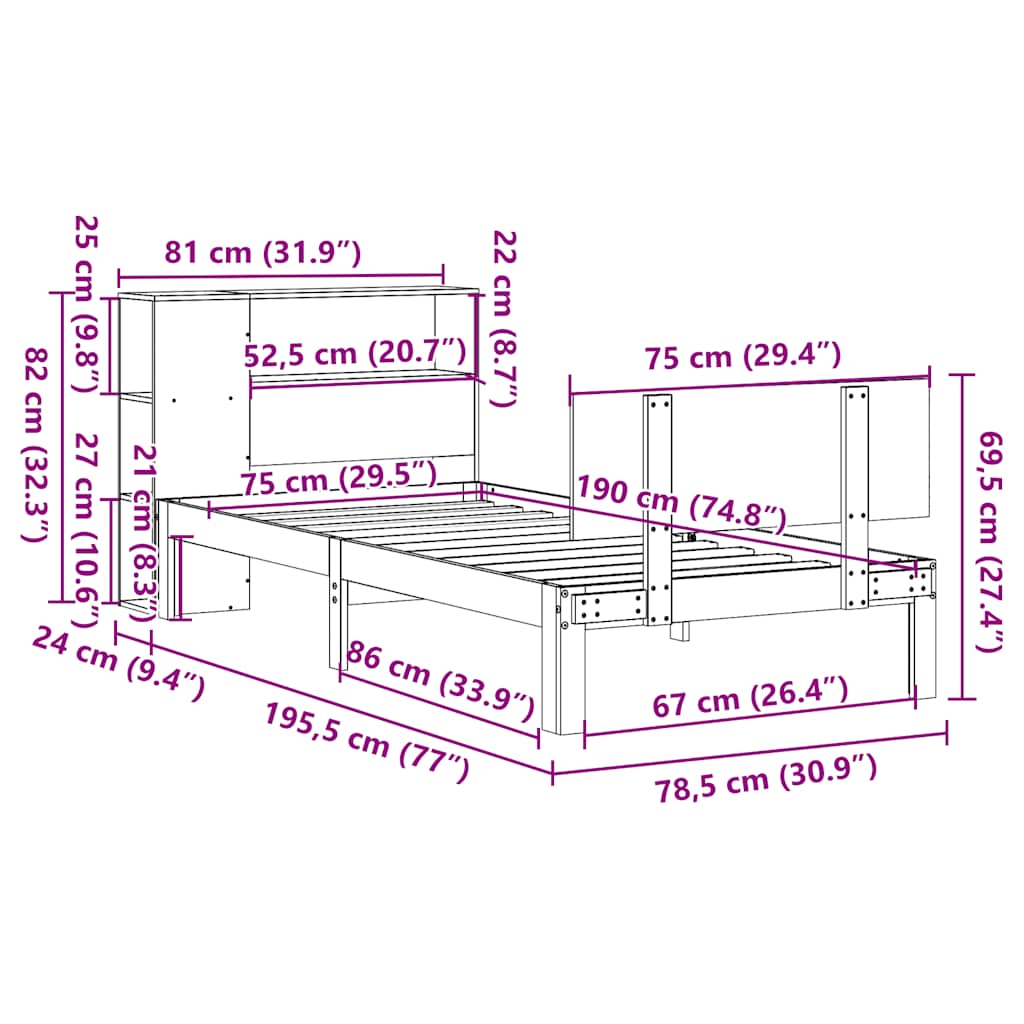 fehér tömör fenyőfa könyvespolcos ágy matrac nélkül 75 x 190 cm