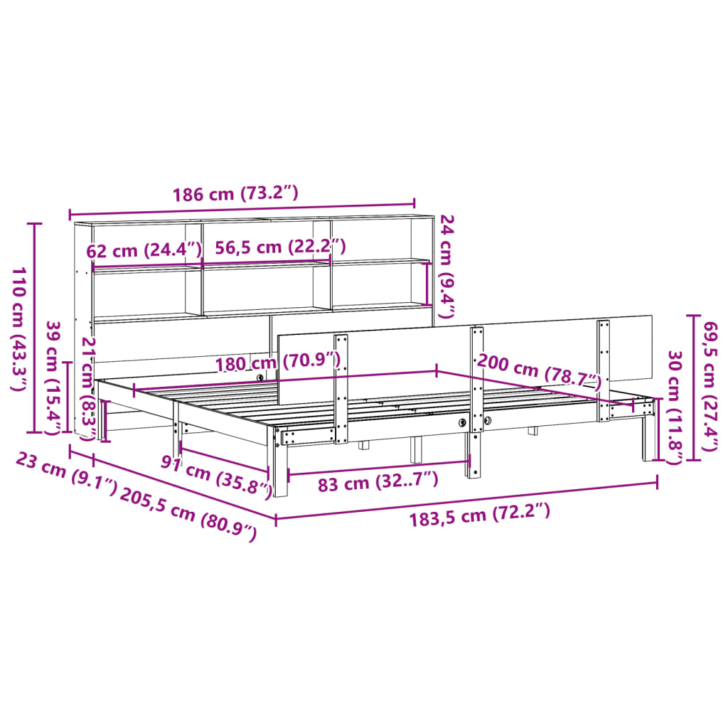 fehér tömör fenyőfa könyvespolcos ágy matrac nélkül 180x200 cm