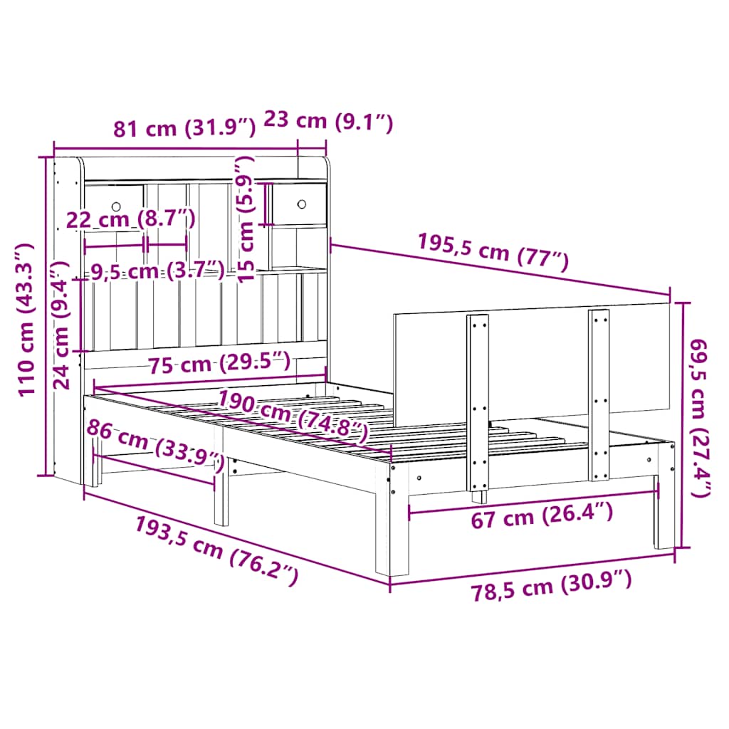 fehér tömör fenyőfa könyvespolcos ágy matrac nélkül 75 x 190 cm