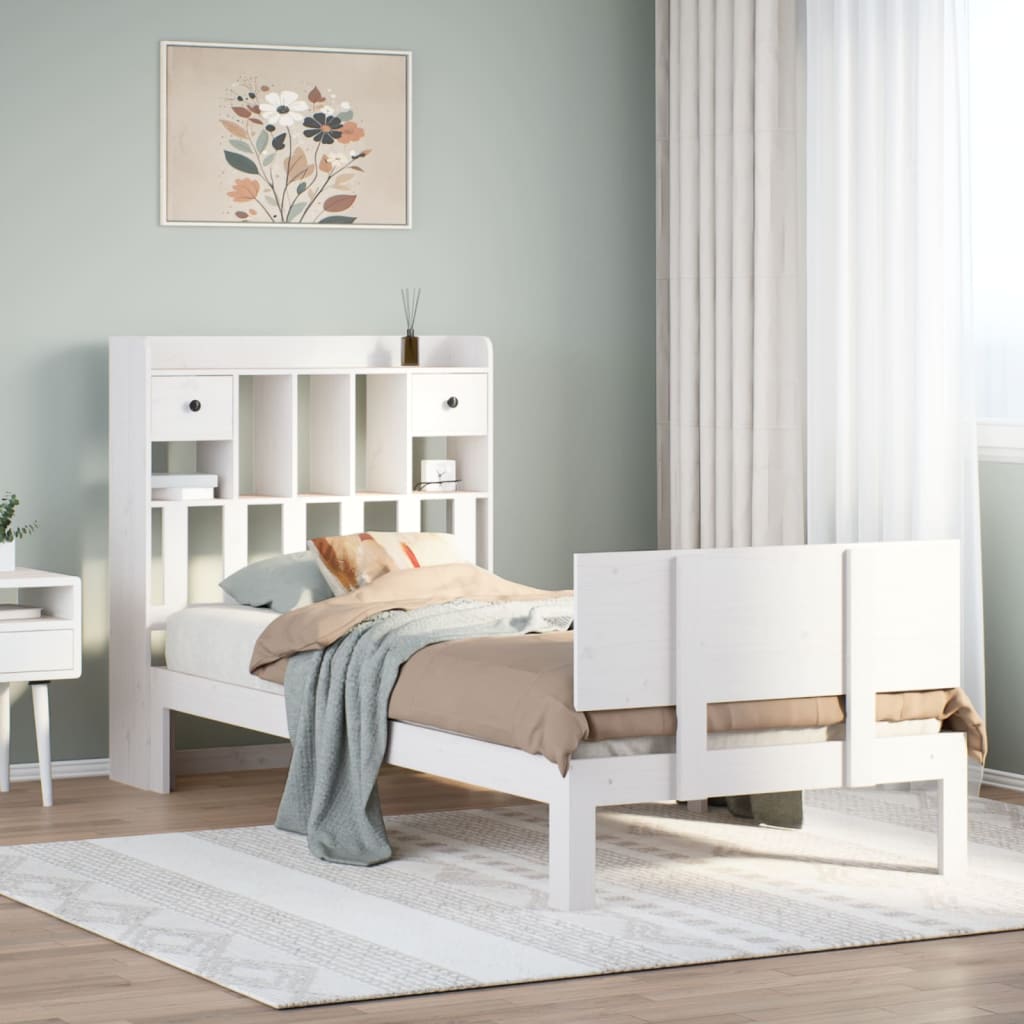 fehér tömör fenyőfa könyvespolcos ágy matrac nélkül 75 x 190 cm