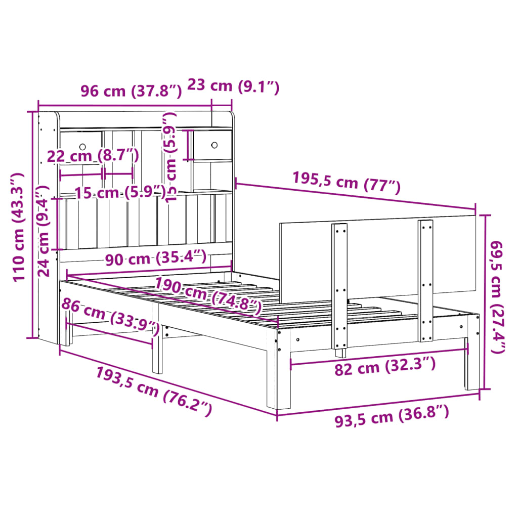 fehér tömör fenyőfa könyvespolcos ágy matrac nélkül 90 x 190 cm