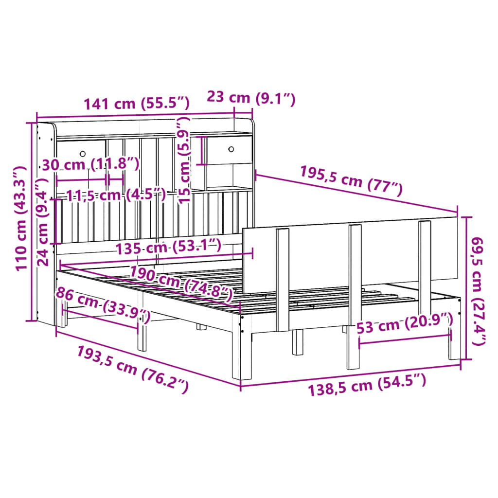 fehér tömör fenyőfa könyvespolcos ágy matrac nélkül 135x190 cm