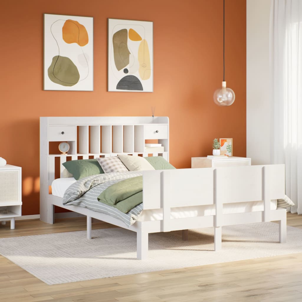 fehér tömör fenyőfa könyvespolcos ágy matrac nélkül 140x190 cm