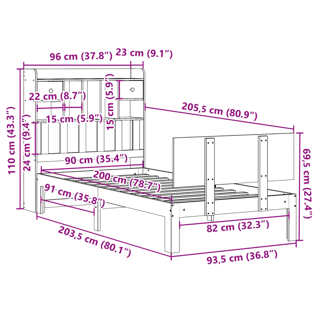 tömör fenyőfa könyvespolcos ágy matrac nélkül 90 x 200 cm