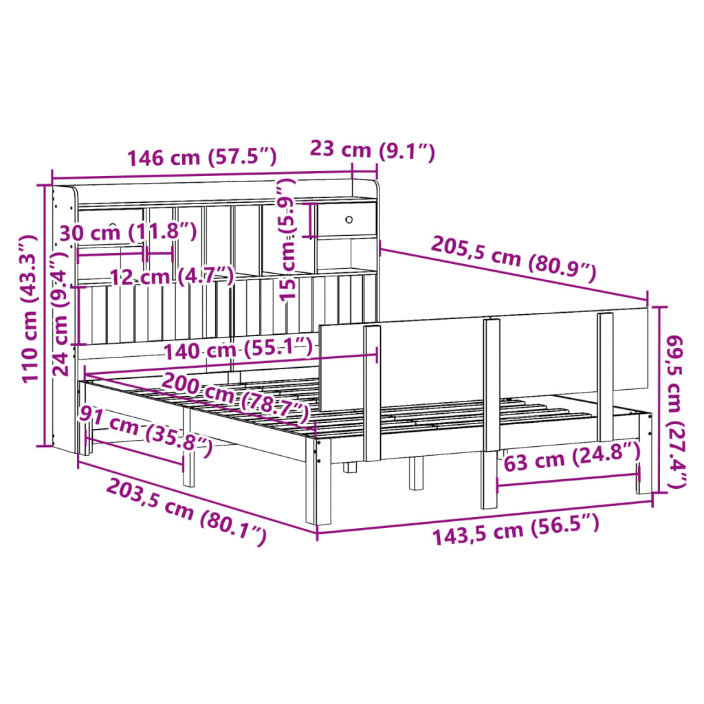 fehér tömör fenyőfa könyvespolcos ágy matrac nélkül 140x200 cm