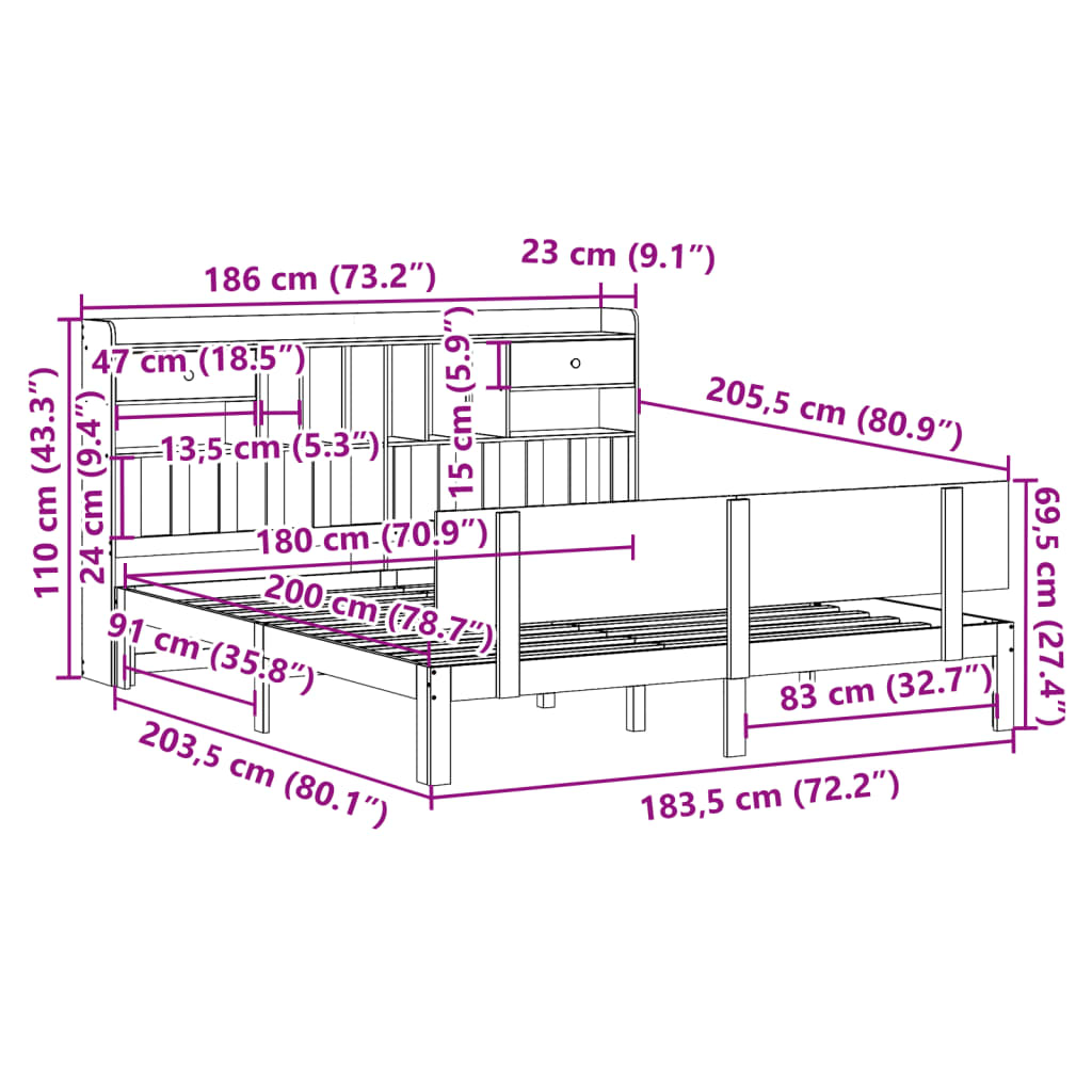 fehér tömör fenyőfa könyvespolcos ágy matrac nélkül 180x200 cm