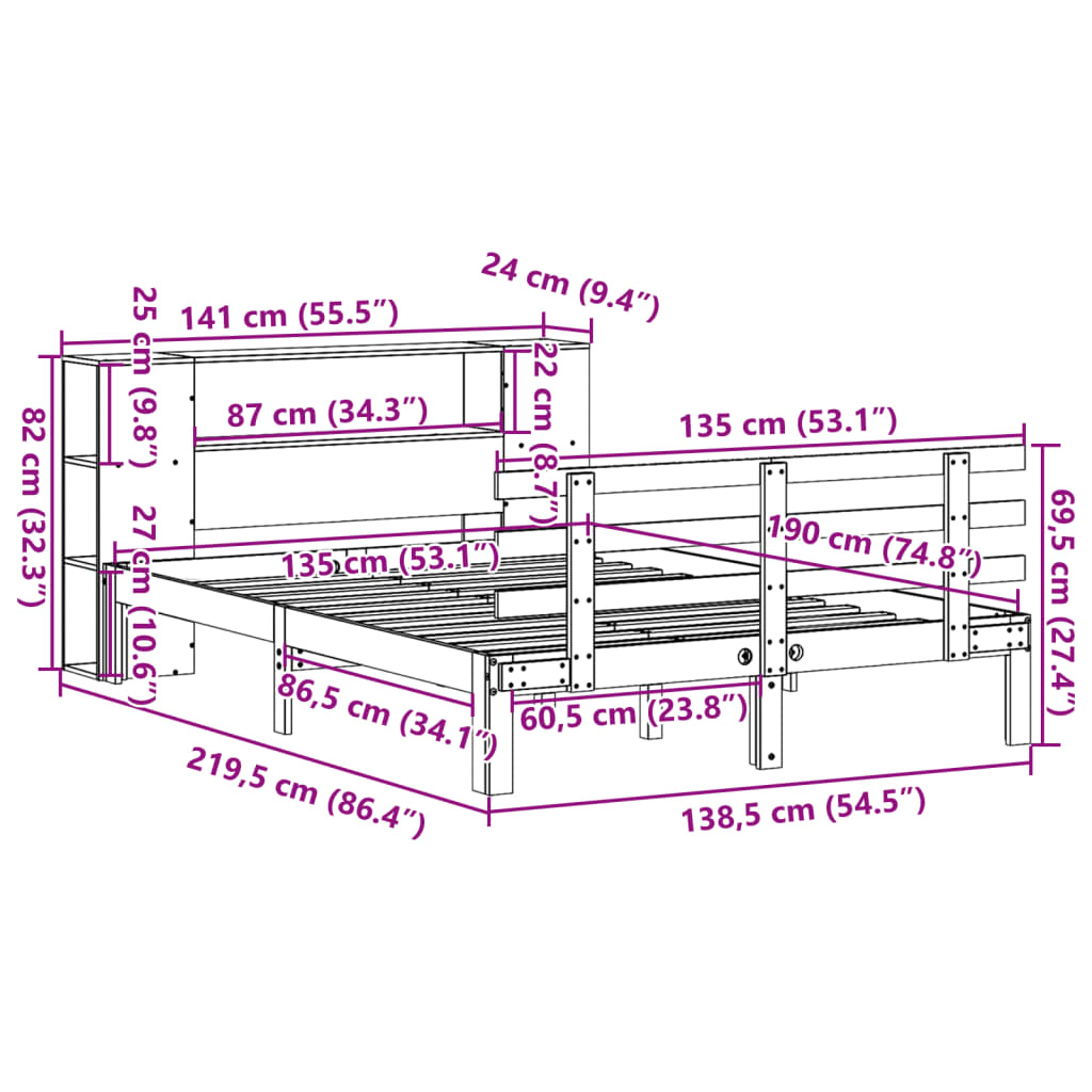 tömör fenyőfa könyvespolcos ágy matrac nélkül 135 x 190 cm