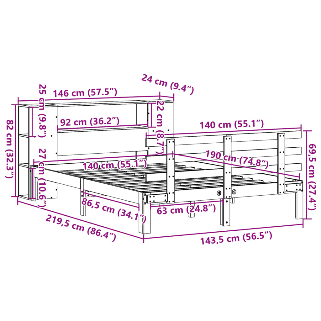 fehér tömör fenyőfa könyvespolcos ágy matrac nélkül 140x190 cm