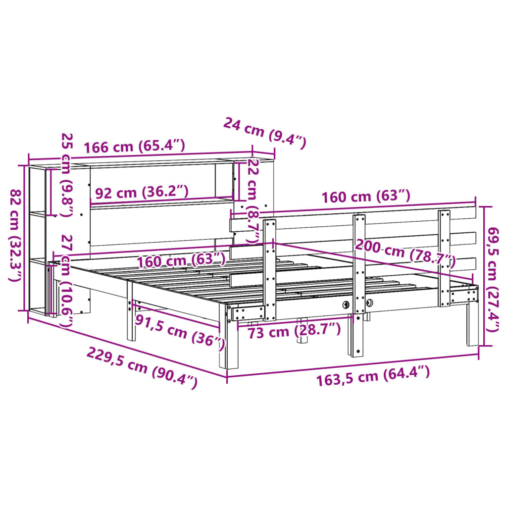 fehér tömör fenyőfa könyvespolcos ágy matrac nélkül 160 x 200 cm
