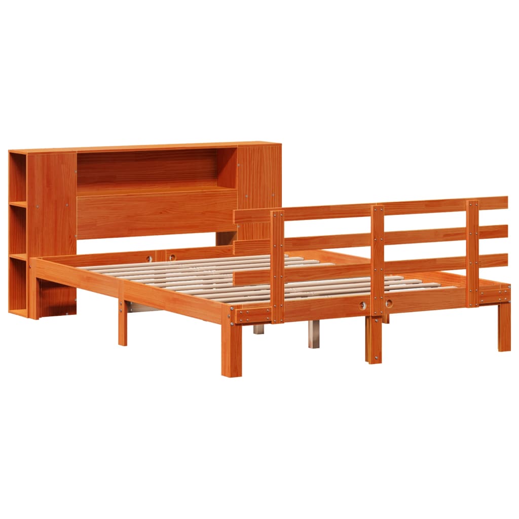 barna tömör fenyőfa könyvespolcos ágy matrac nélkül 140 x 190cm
