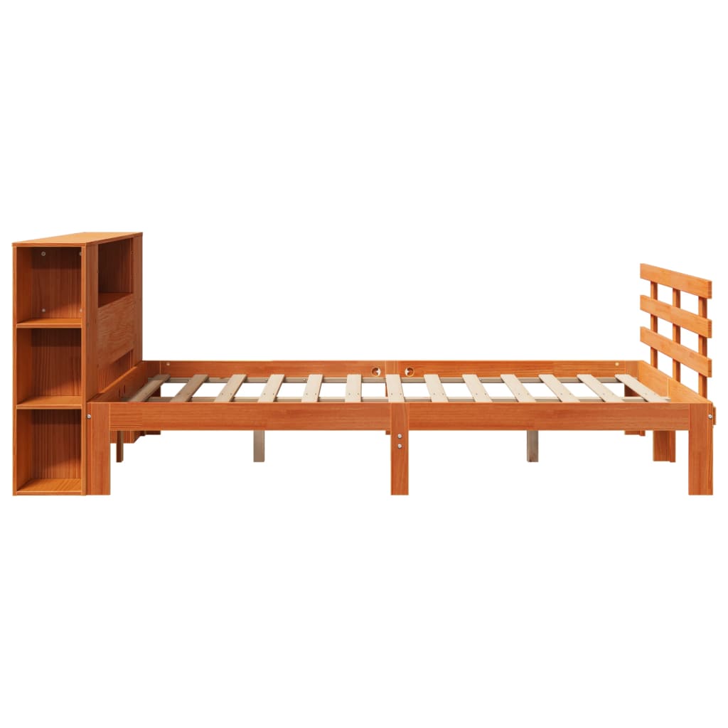 barna tömör fenyőfa könyvespolcos ágy matrac nélkül 140 x 190cm