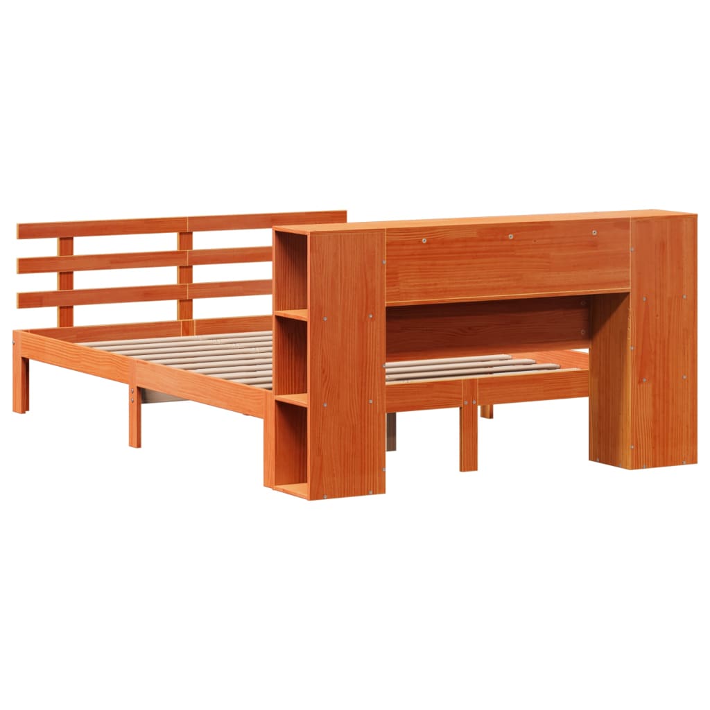 barna tömör fenyőfa könyvespolcos ágy matrac nélkül 140 x 190cm