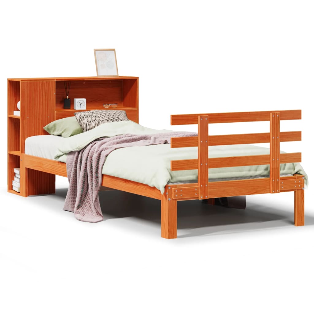 barna tömör fenyőfa könyvespolcos ágy matrac nélkül 100 x 200cm