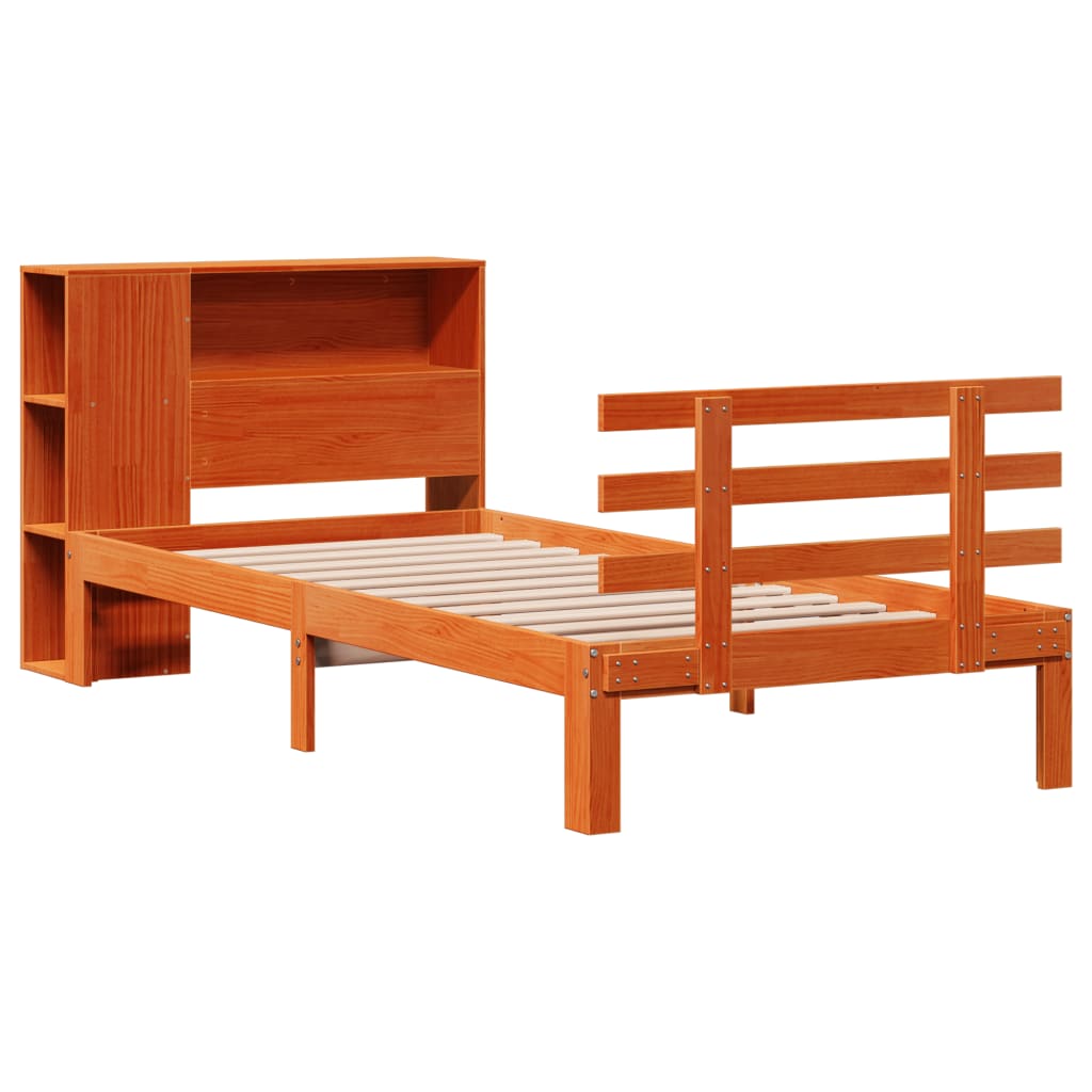barna tömör fenyőfa könyvespolcos ágy matrac nélkül 100 x 200cm