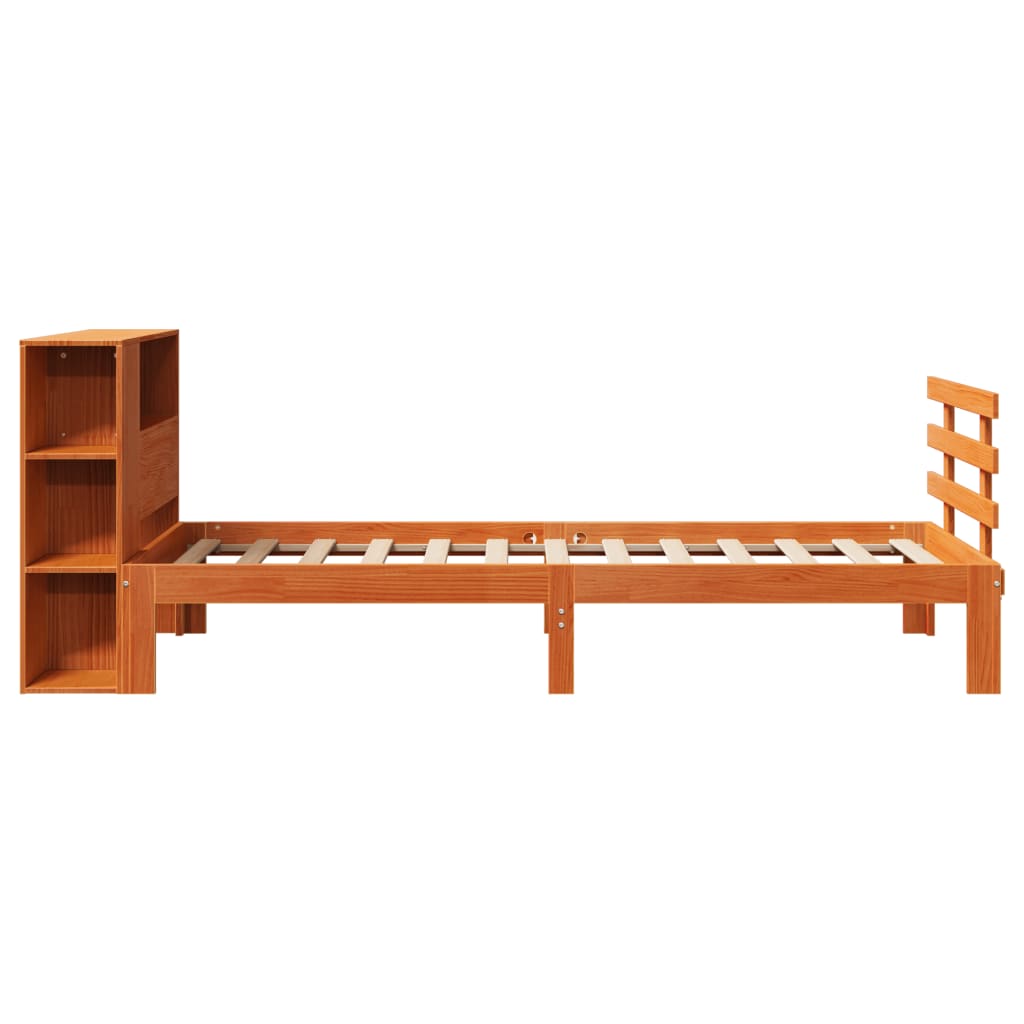 barna tömör fenyőfa könyvespolcos ágy matrac nélkül 100 x 200cm