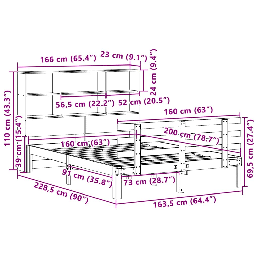 fehér tömör fenyőfa könyvespolcos ágy matrac nélkül 160x200 cm