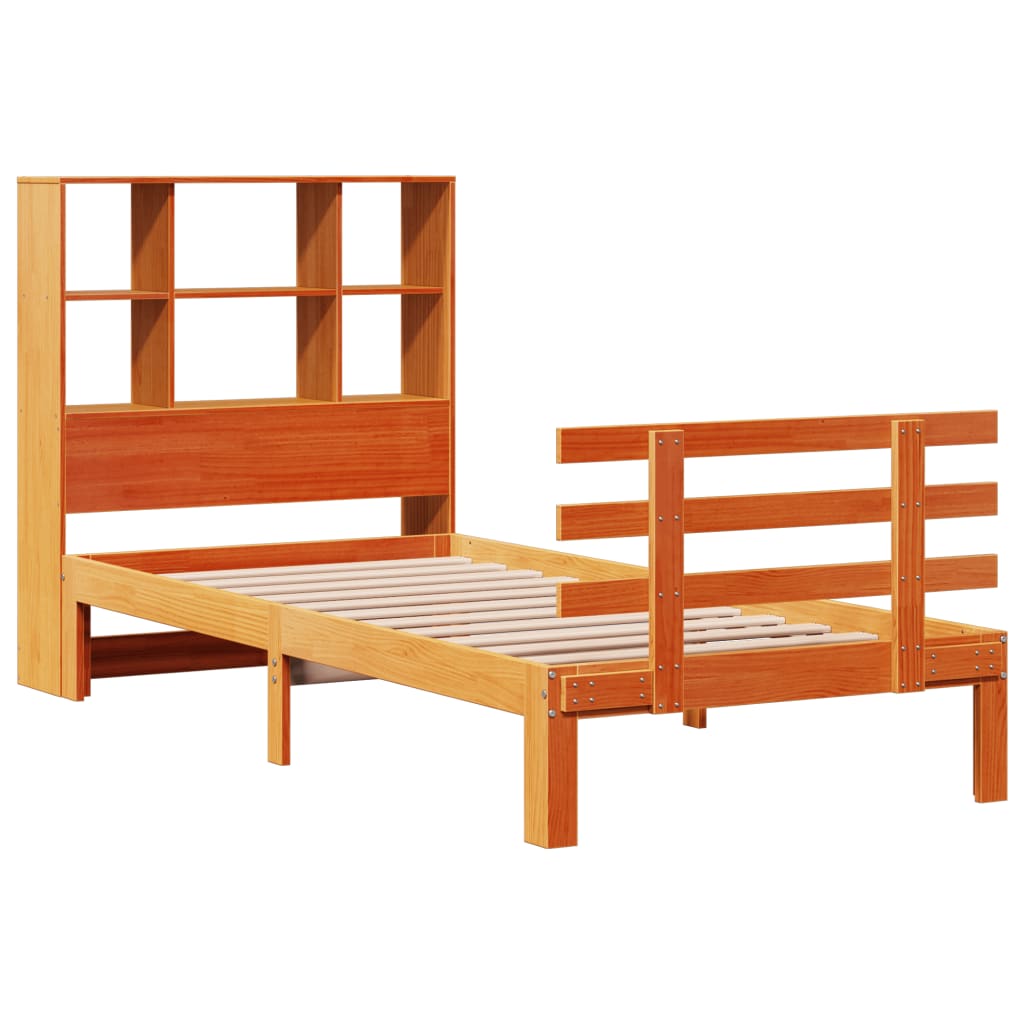 barna tömör fenyőfa könyvespolcos ágy matrac nélkül 100 x 200cm