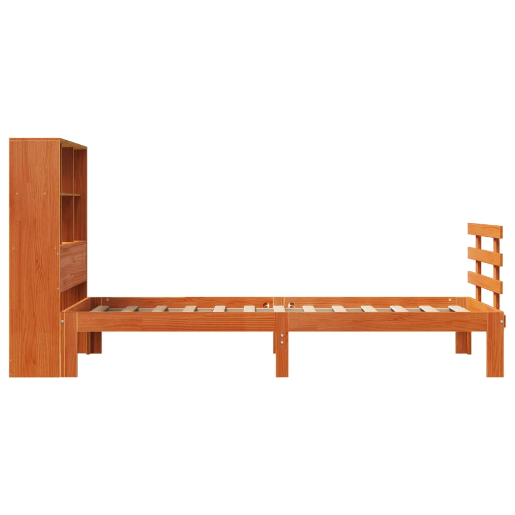 barna tömör fenyőfa könyvespolcos ágy matrac nélkül 100 x 200cm